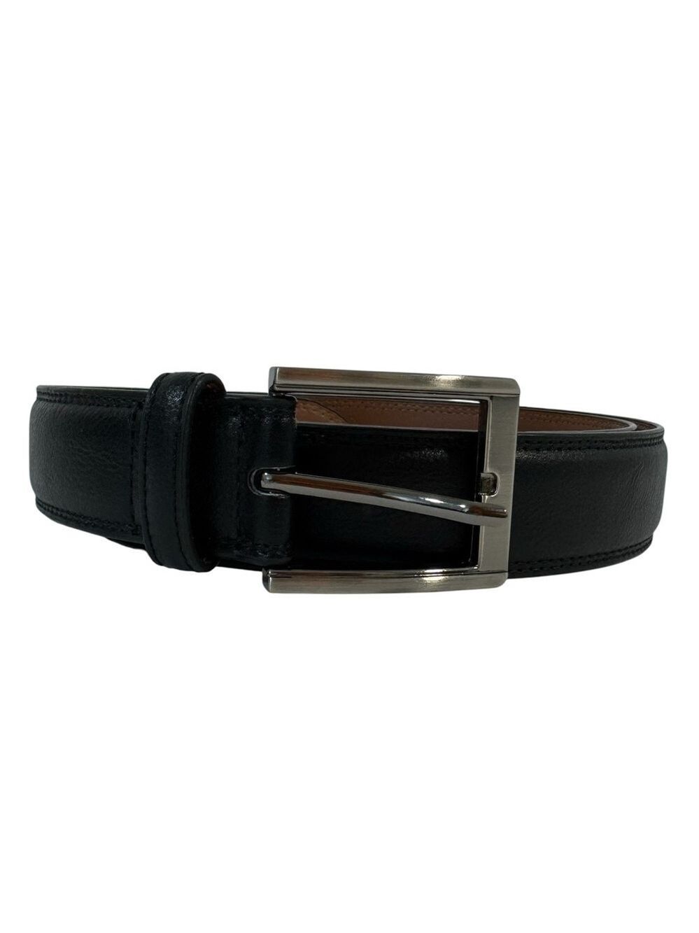 Genuine Leather Classic Black Belt Mens 46 Square Silver Toned Buckle NWOT